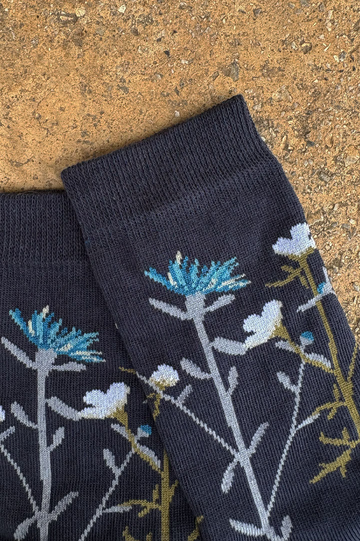 Buttercup and Knapweed socks - dark blue