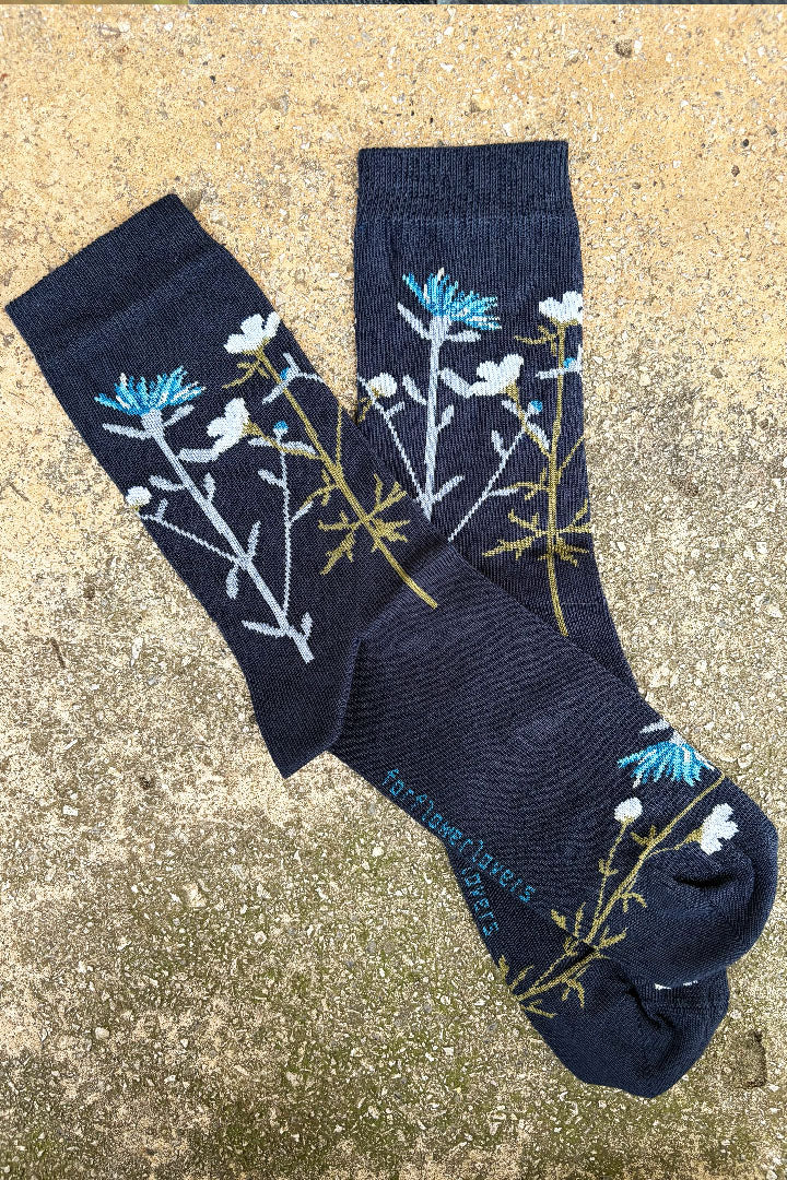 Buttercup and Knapweed socks - dark blue
