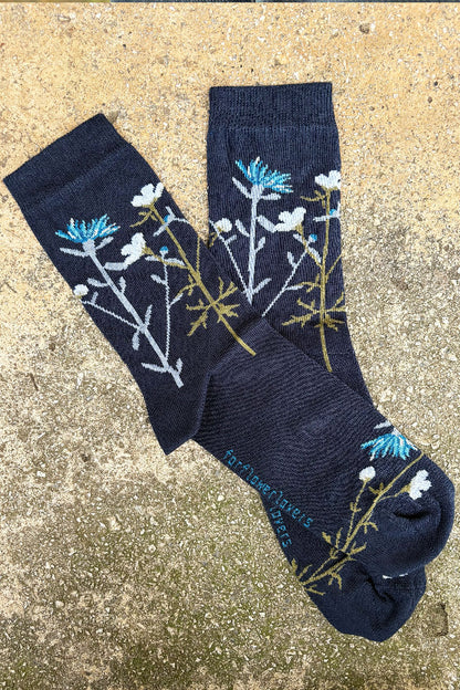 Buttercup and Knapweed socks - dark blue
